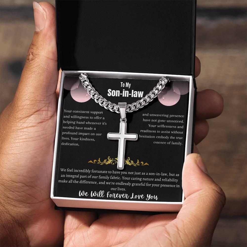 To My Son-in-law - Artisan Cross Necklace on Cuban Chain w/ MC- Gift Set - SLDDL0042 - Sunshine Letters Co