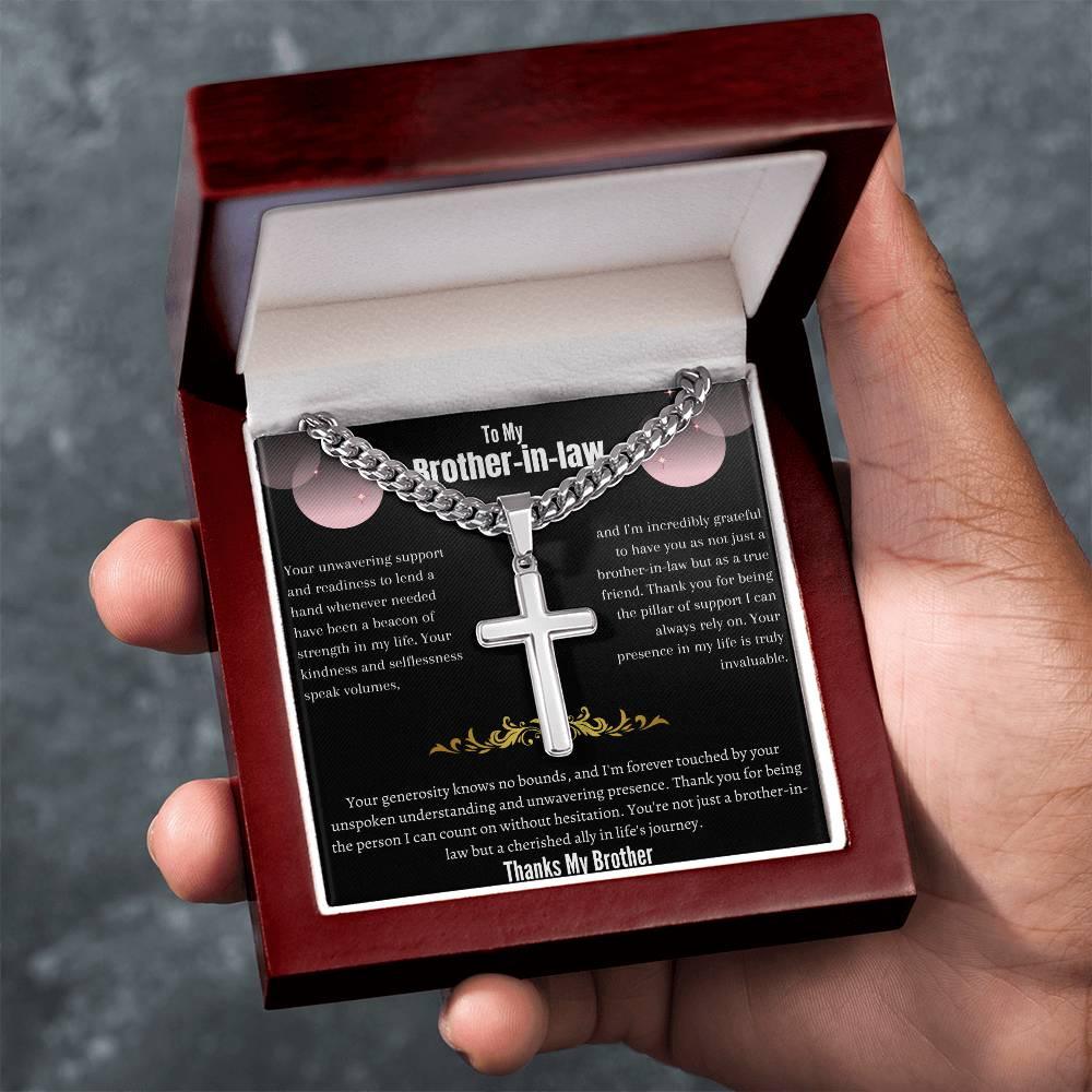 To My Brother-in-law - Artisan Cross Necklace on Cuban Chain w/ MC- Gift Set - SLDDL0041 - Sunshine Letters Co