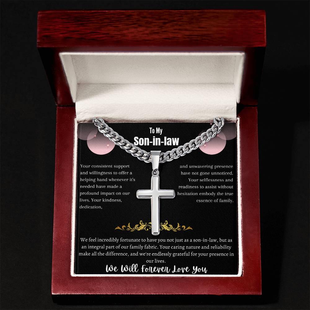 To My Son-in-law - Artisan Cross Necklace on Cuban Chain w/ MC- Gift Set - SLDDL0042 - Sunshine Letters Co