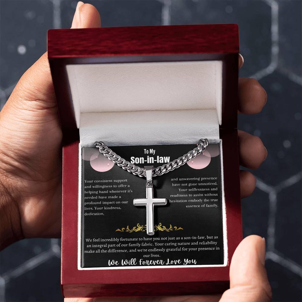To My Son-in-law - Artisan Cross Necklace on Cuban Chain w/ MC- Gift Set - SLDDL0042 - Sunshine Letters Co