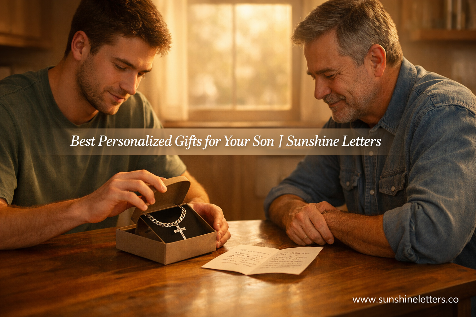 Father and adult son at kitchen table, son opening gift box with personalized necklace, representing the best personalized gifts for a son