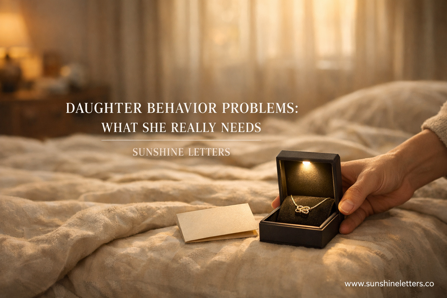 Daughter behavior problems answered with a glowing Love Knot necklace gift box left on a teen's bed by a parent