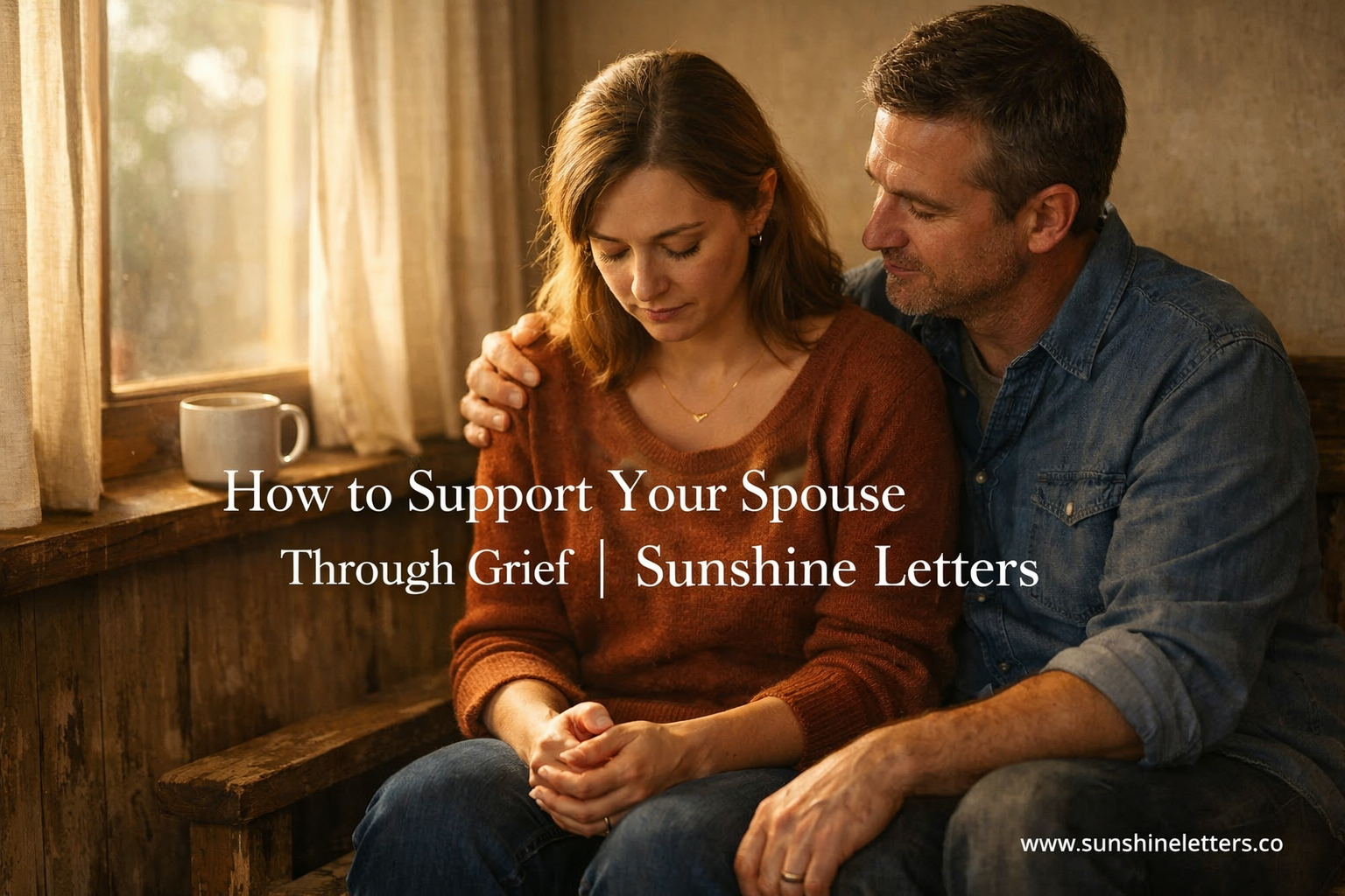 Husband sitting beside grieving wife near a sunlit window, offering quiet support through family loss with a gold necklace visible