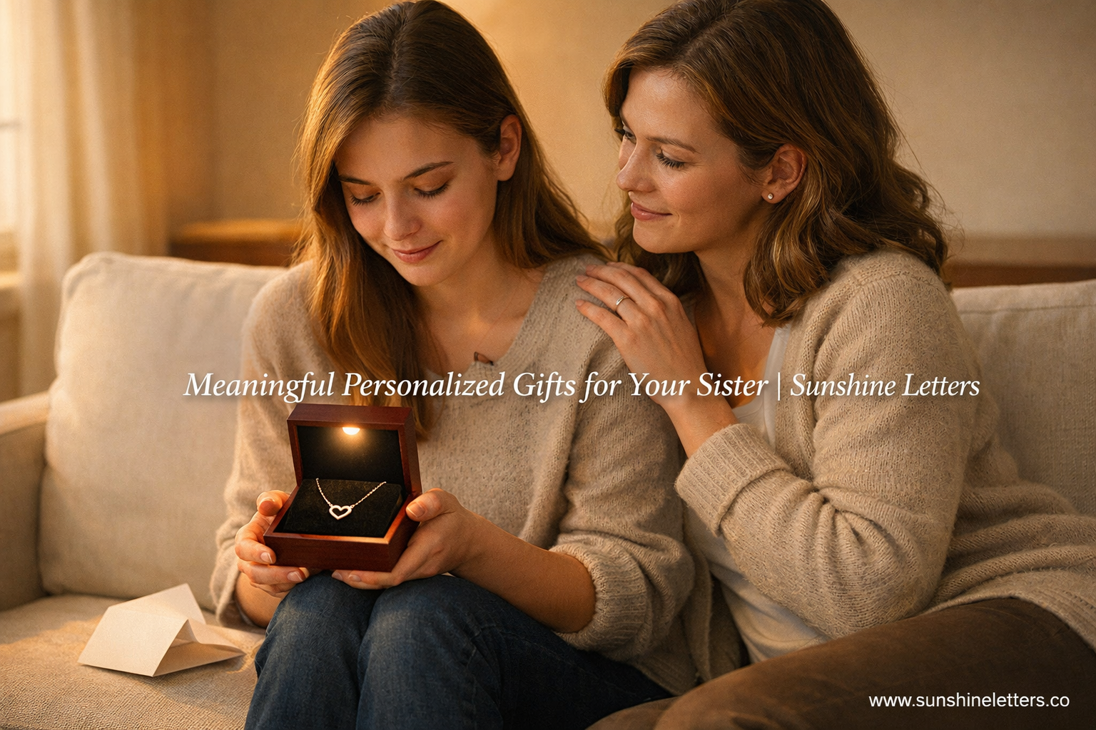 Two sisters on a couch, one opening interlocked hearts necklace gift box, meaningful personalized gifts for sister