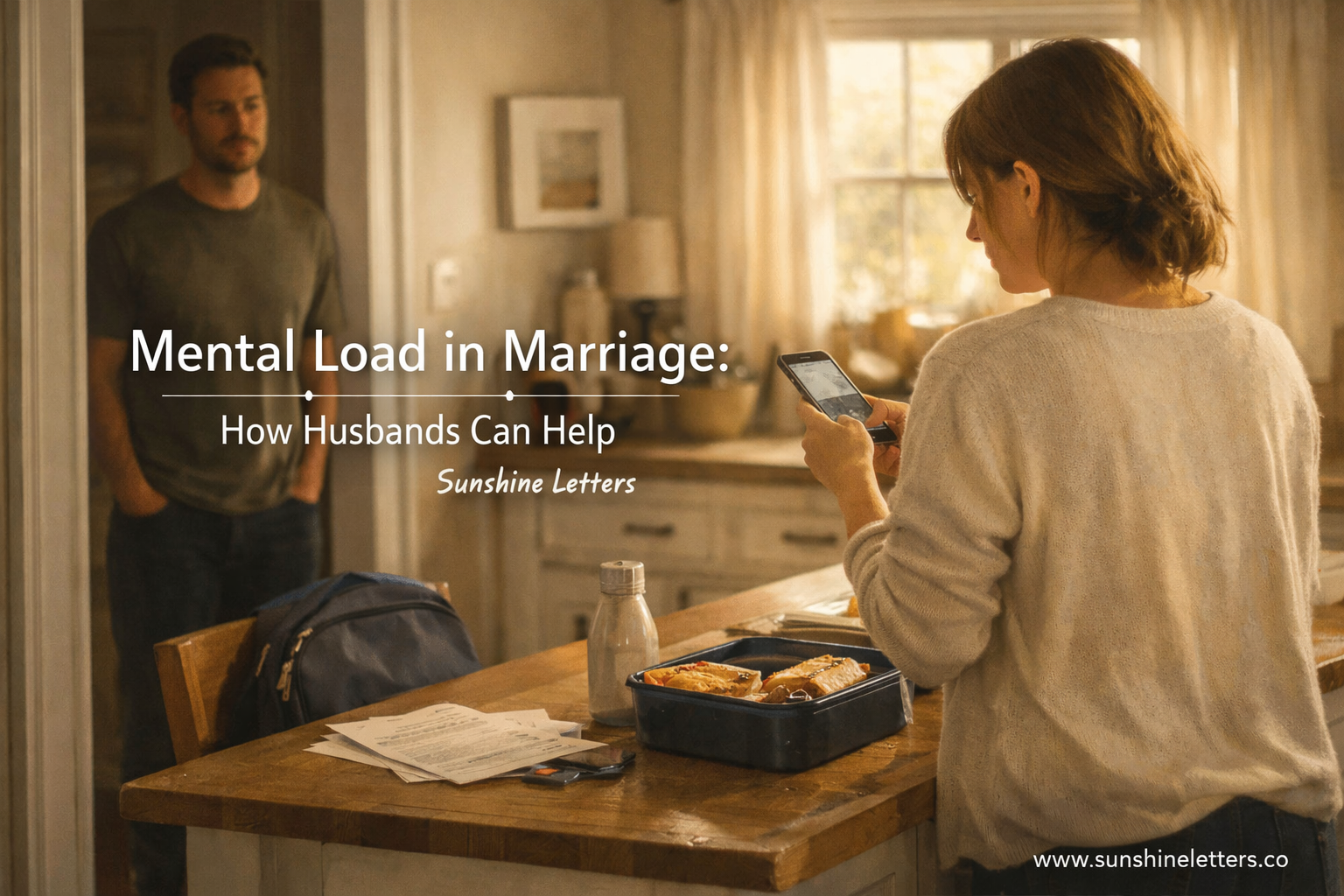 Husband noticing his wife carrying the mental load in marriage, representing how husbands can help
