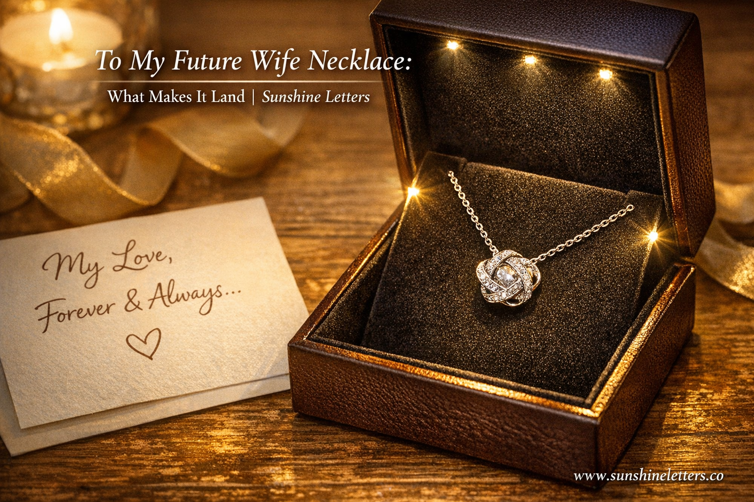 Love knot necklace gift set for future wife with personalized message card, displayed in luxury LED gift box.