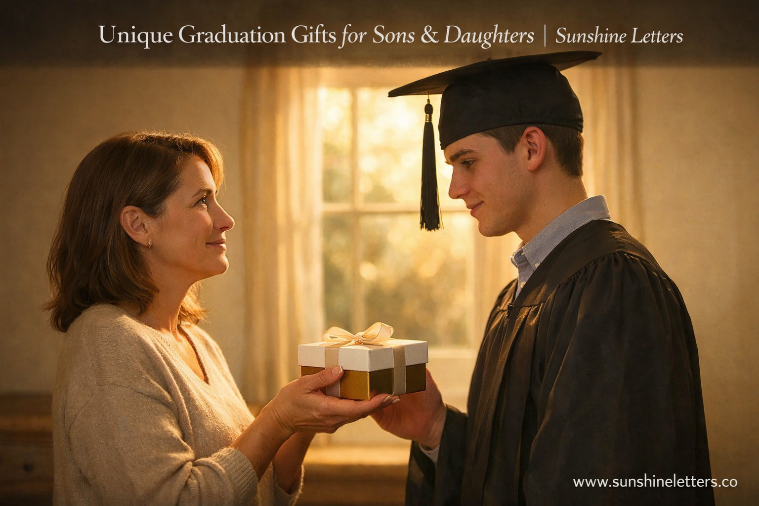 Mother handing graduation gift box to her son in warm afternoon light, an emotional moment of pride and love