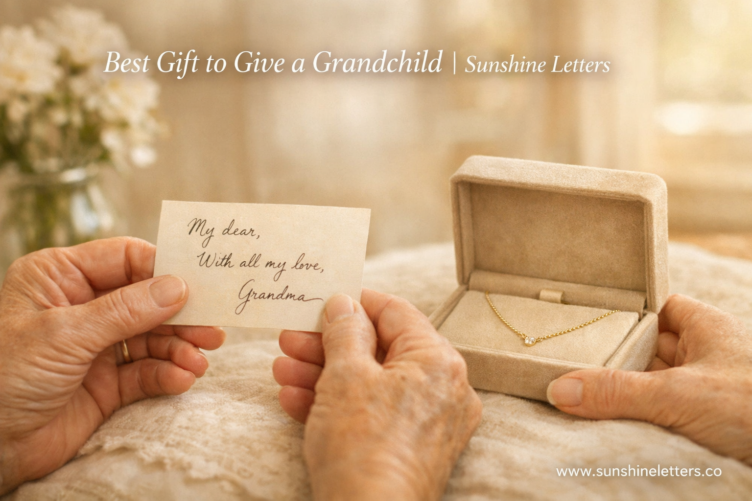 Grandmother holding personalized necklace and letter card: the best gift to give a grandchild.