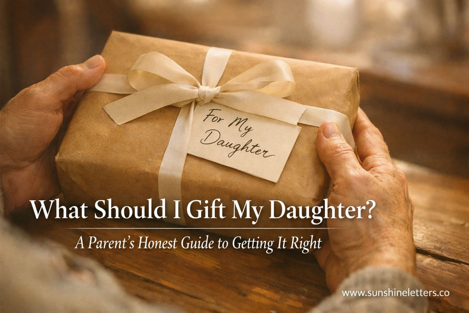 Parent holding a wrapped gift with a handwritten note, warm natural light, gifting a daughter the perfect present