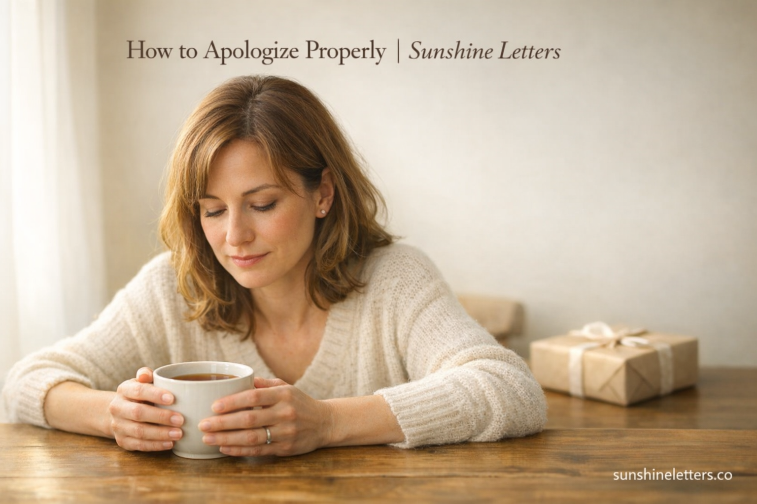 Woman sitting at a wooden table holding tea beside a wrapped gift, reflecting on how to apologize properly to someone  she hurt